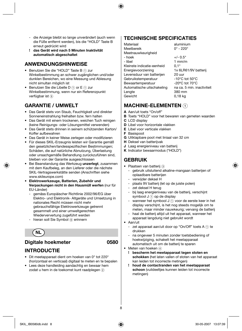 Anwendungshinweise, Garantie / umwelt, Digitale hoekmeter 0580 introductie | Technische specificaties, Machine-elementen 1, Gebruik | Skil 0580 AA User Manual | Page 8 / 40