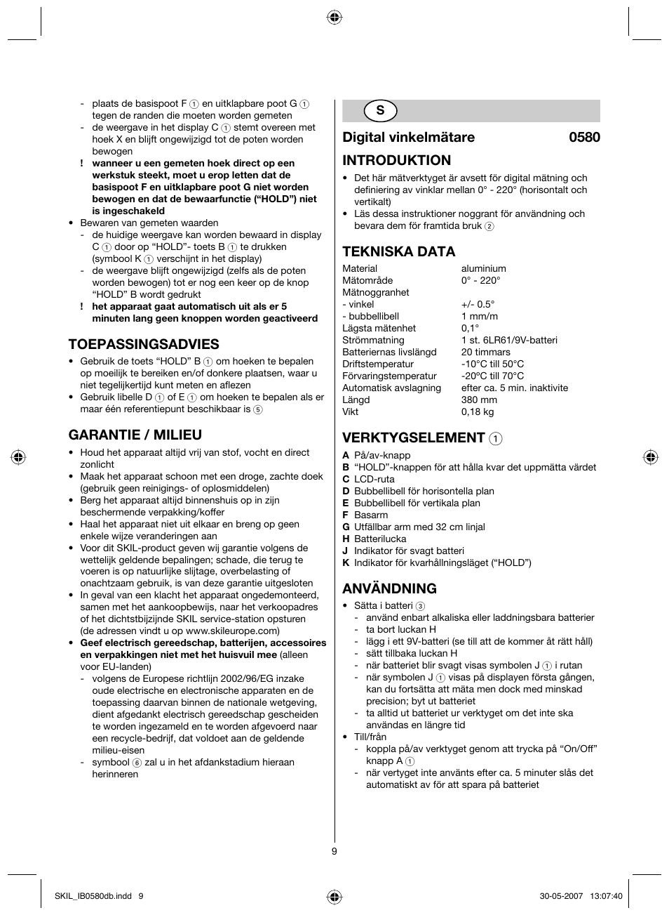 Toepassingsadvies, Garantie / milieu, Digital vinkelmätare 0580 introduktion | Tekniska data, Verktygselement 1, Användning | Skil 0580 AA User Manual | Page 9 / 40