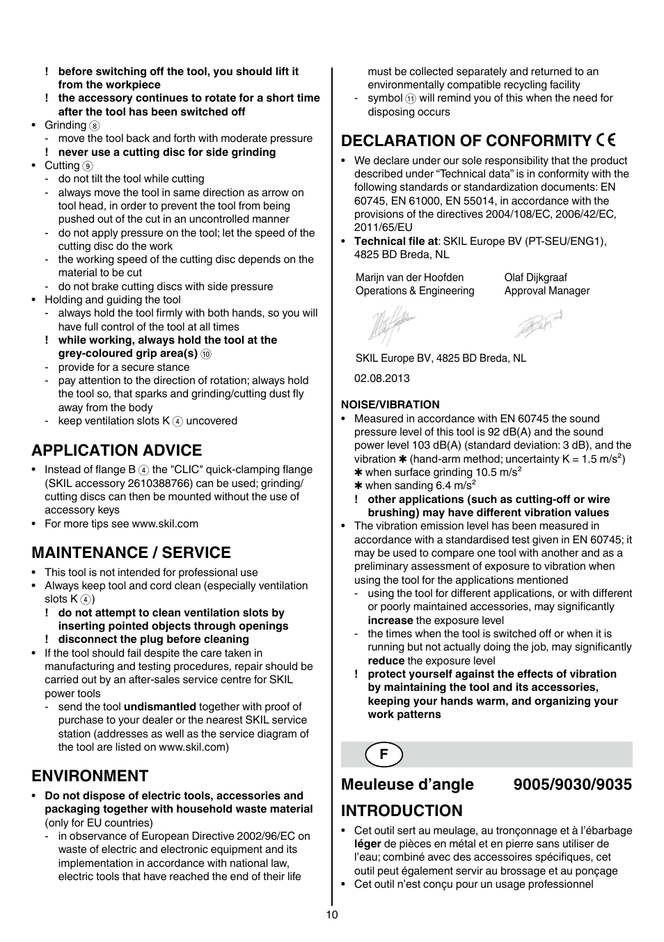Application advice, Maintenance / service, Environment | Declaration of conformity | Skil 9030 AA User Manual | Page 10 / 180