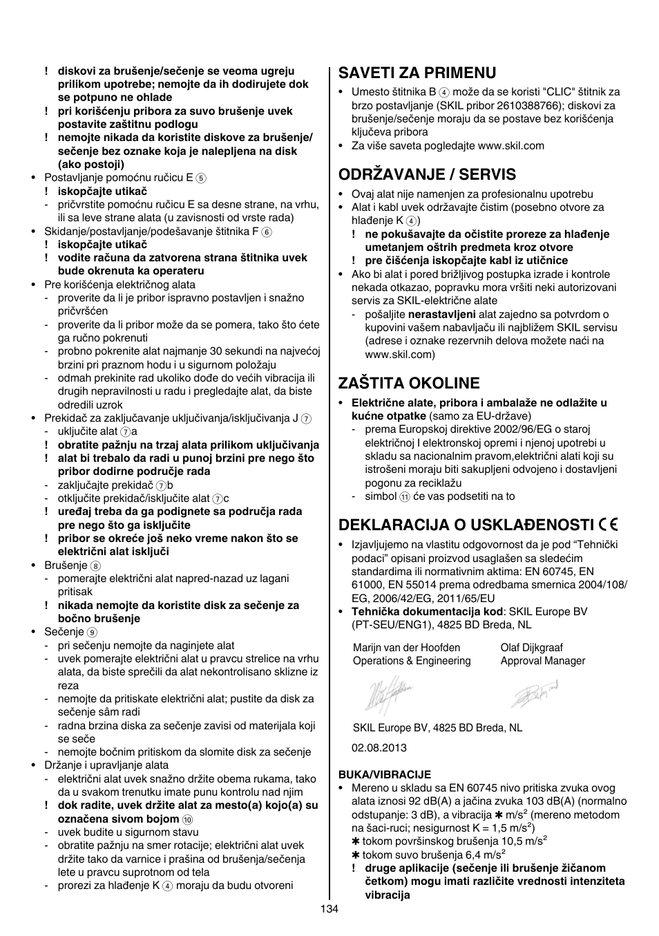 Saveti za primenu, Održavanje / servis, Zaštita okoline | Deklaracija o usklađenosti | Skil 9030 AA User Manual | Page 134 / 180