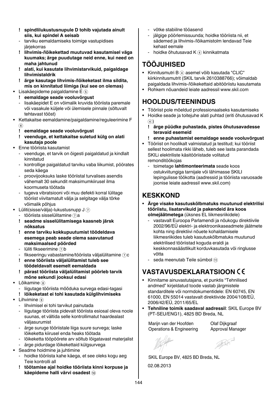 Tööjuhised, Hooldus/teenindus, Keskkond | Vastavusdeklaratsioon | Skil 9030 AA User Manual | Page 144 / 180