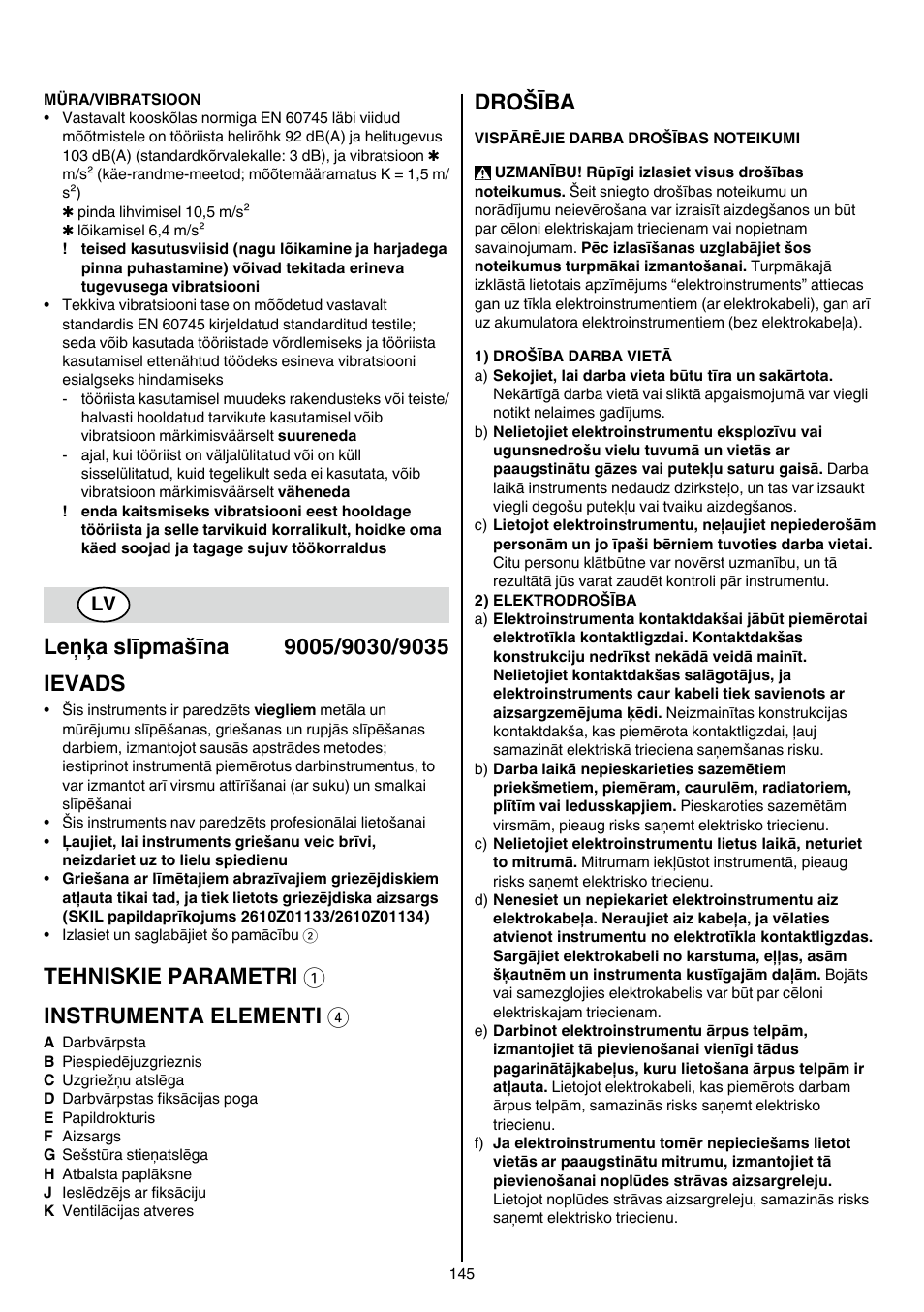 Tehniskie parametri 1 instrumenta elementi 4, Drošība | Skil 9030 AA User Manual | Page 145 / 180