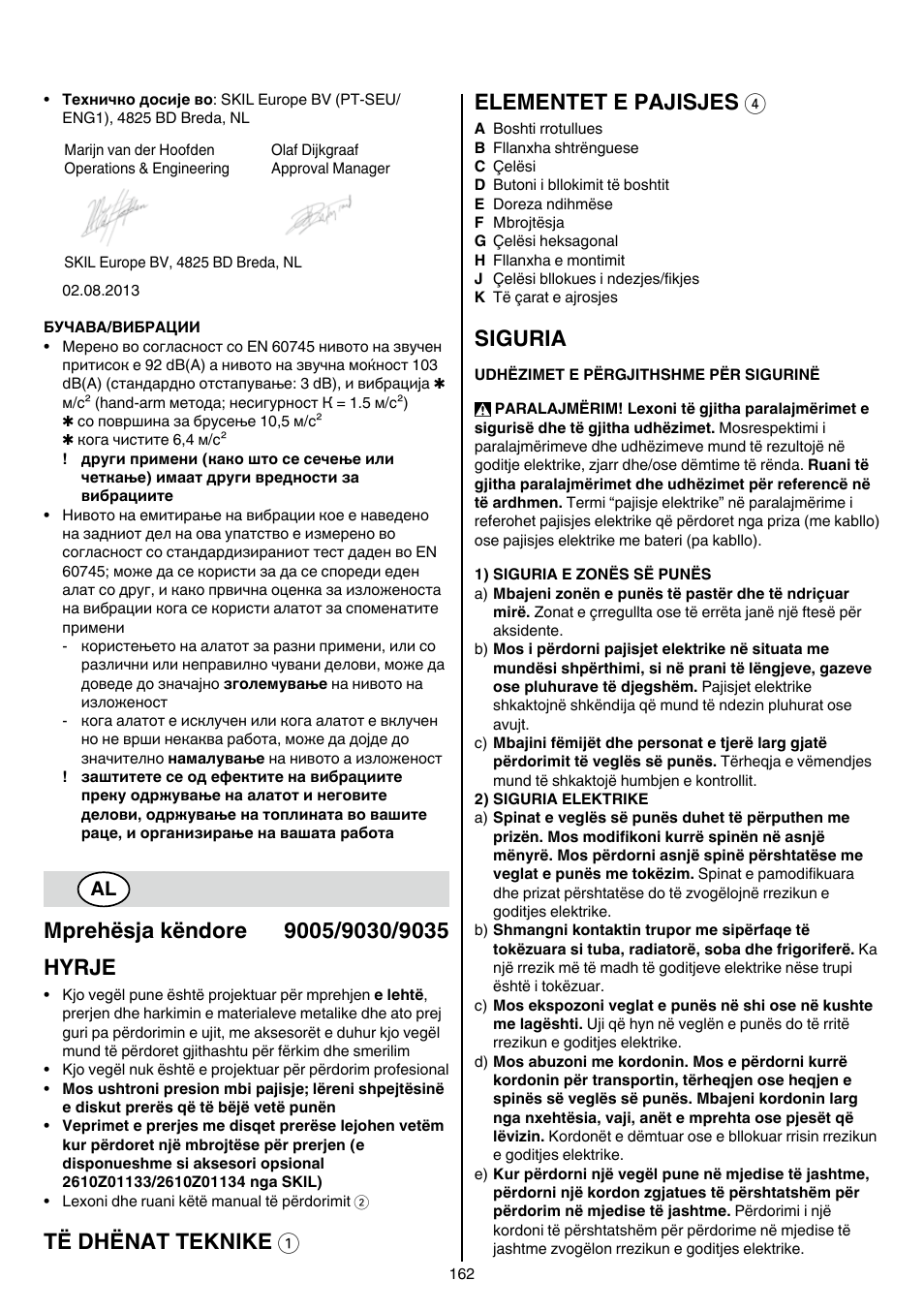 Të dhënat teknike 1 elementet e pajisjes 4, Siguria | Skil 9030 AA User Manual | Page 162 / 180