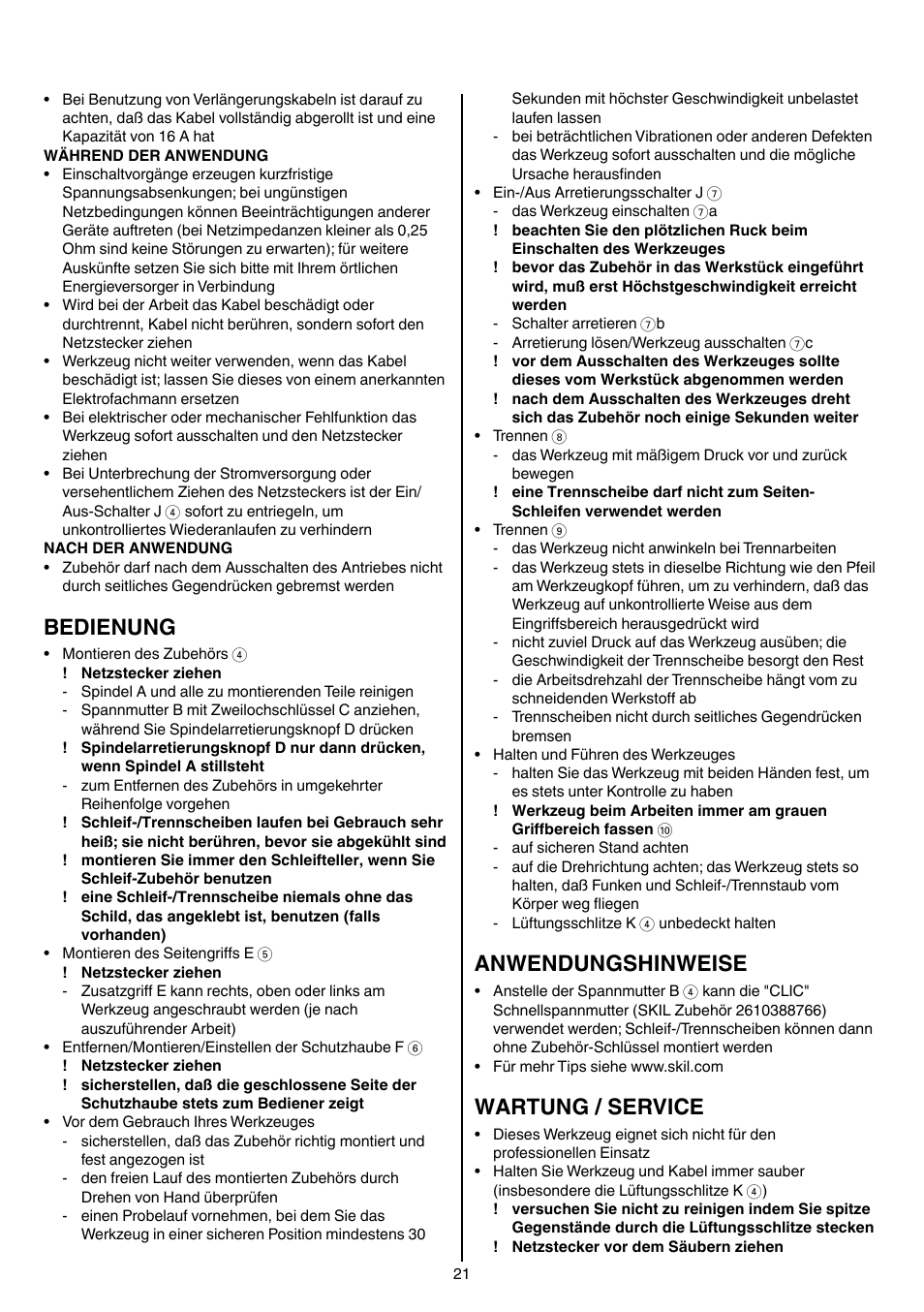 Bedienung, Anwendungshinweise, Wartung / service | Skil 9030 AA User Manual | Page 21 / 180