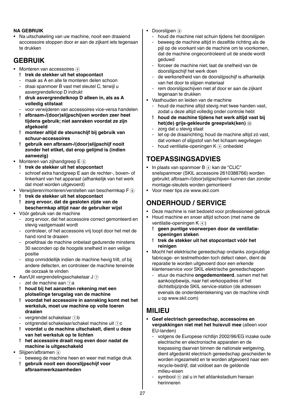Gebruik, Toepassingsadvies, Onderhoud / service | Milieu | Skil 9030 AA User Manual | Page 27 / 180