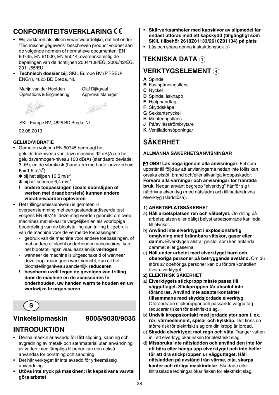 Conformiteitsverklaring, Tekniska data 1 verktygselement 4, Säkerhet | Skil 9030 AA User Manual | Page 28 / 180