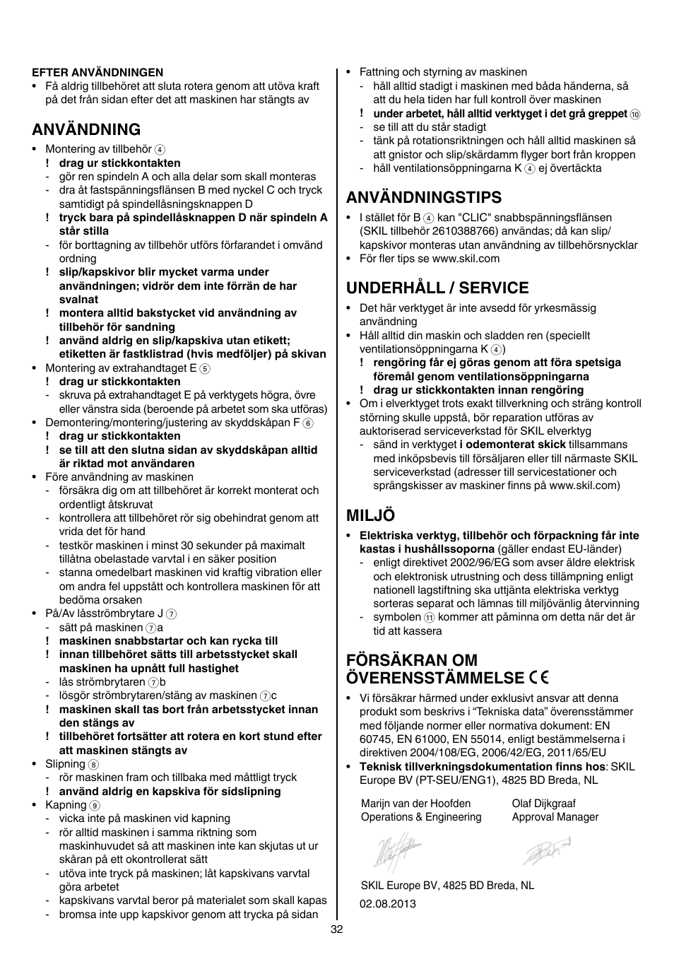 Användning, Användningstips, Underhåll / service | Miljö, Försäkran om överensstämmelse | Skil 9030 AA User Manual | Page 32 / 180