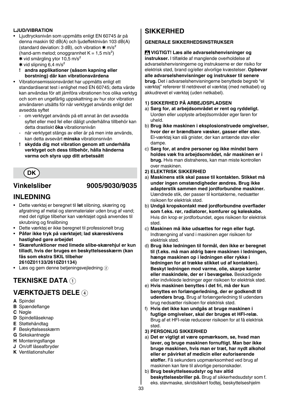 Tekniske data 1 værktøjets dele 4, Sikkerhed | Skil 9030 AA User Manual | Page 33 / 180