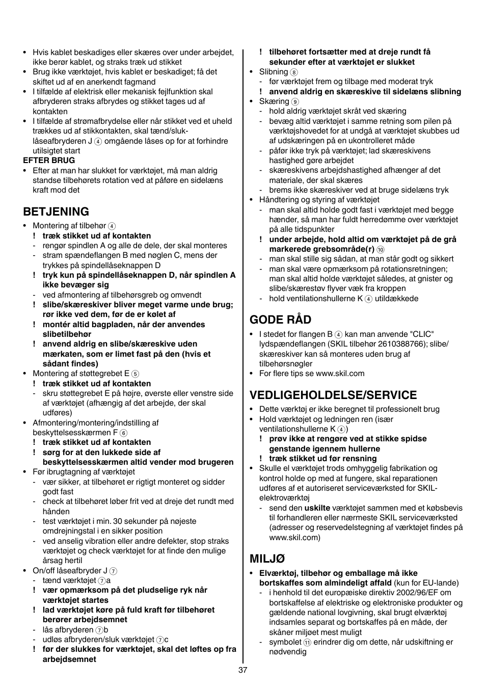 Betjening, Gode råd, Vedligeholdelse/service | Miljø | Skil 9030 AA User Manual | Page 37 / 180