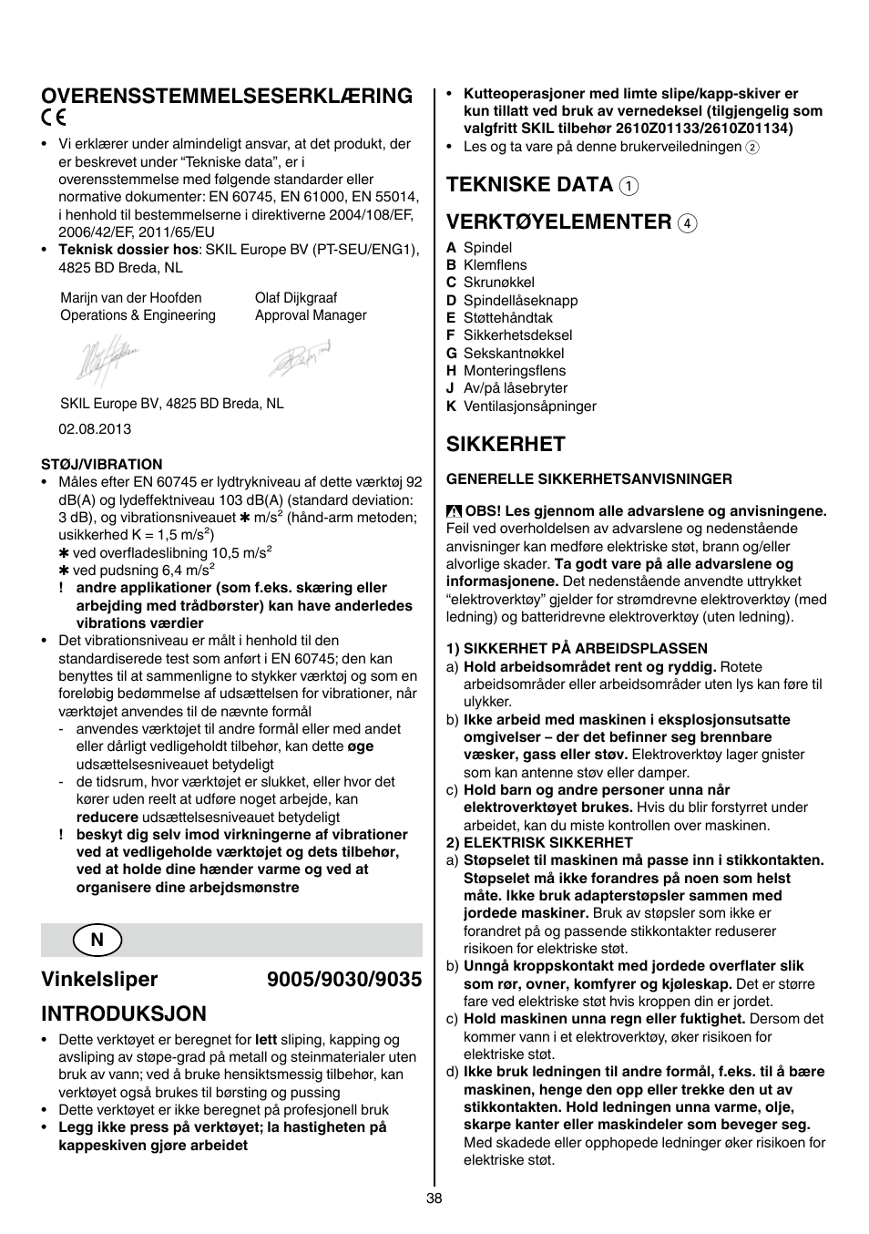 Overensstemmelseserklæring, Tekniske data 1 verktøyelementer 4, Sikkerhet | Skil 9030 AA User Manual | Page 38 / 180