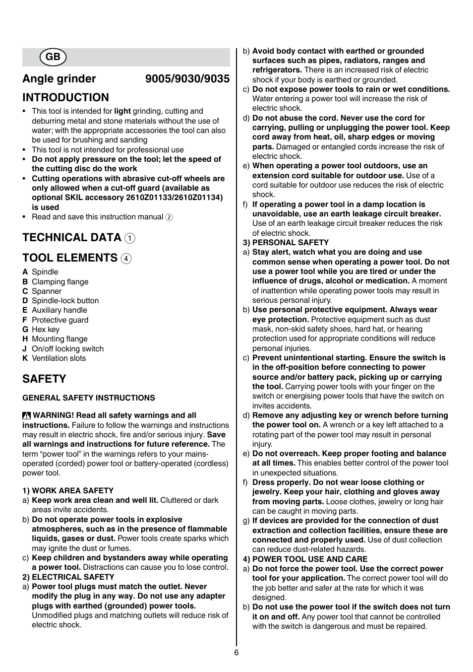 Technical data 1 tool elements 4, Safety | Skil 9030 AA User Manual | Page 6 / 180