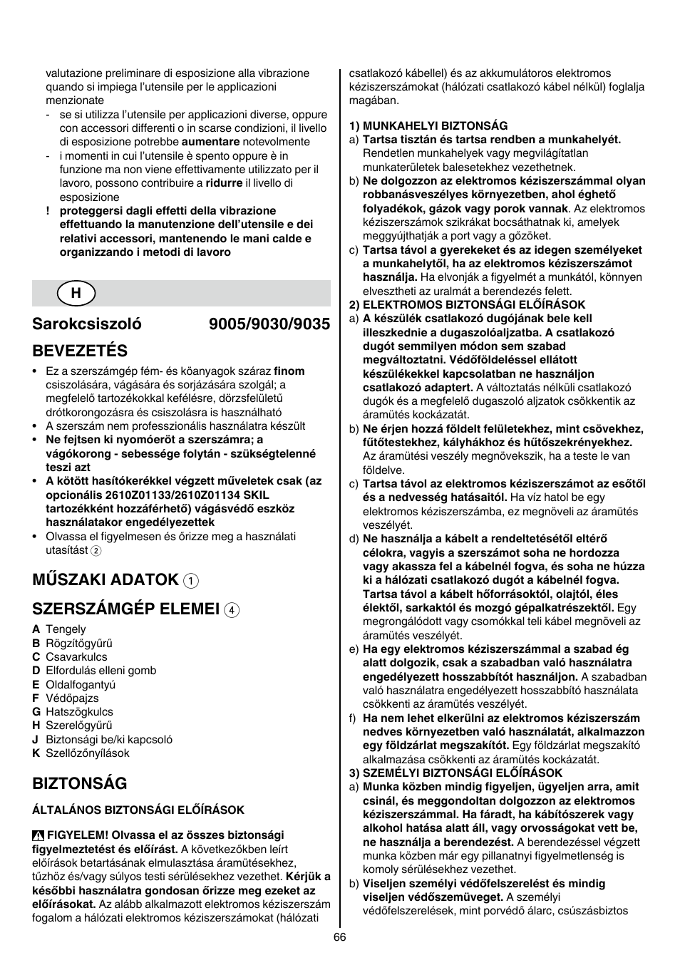 Műszaki adatok 1 szerszámgép elemei 4, Biztonság | Skil 9030 AA User Manual | Page 66 / 180
