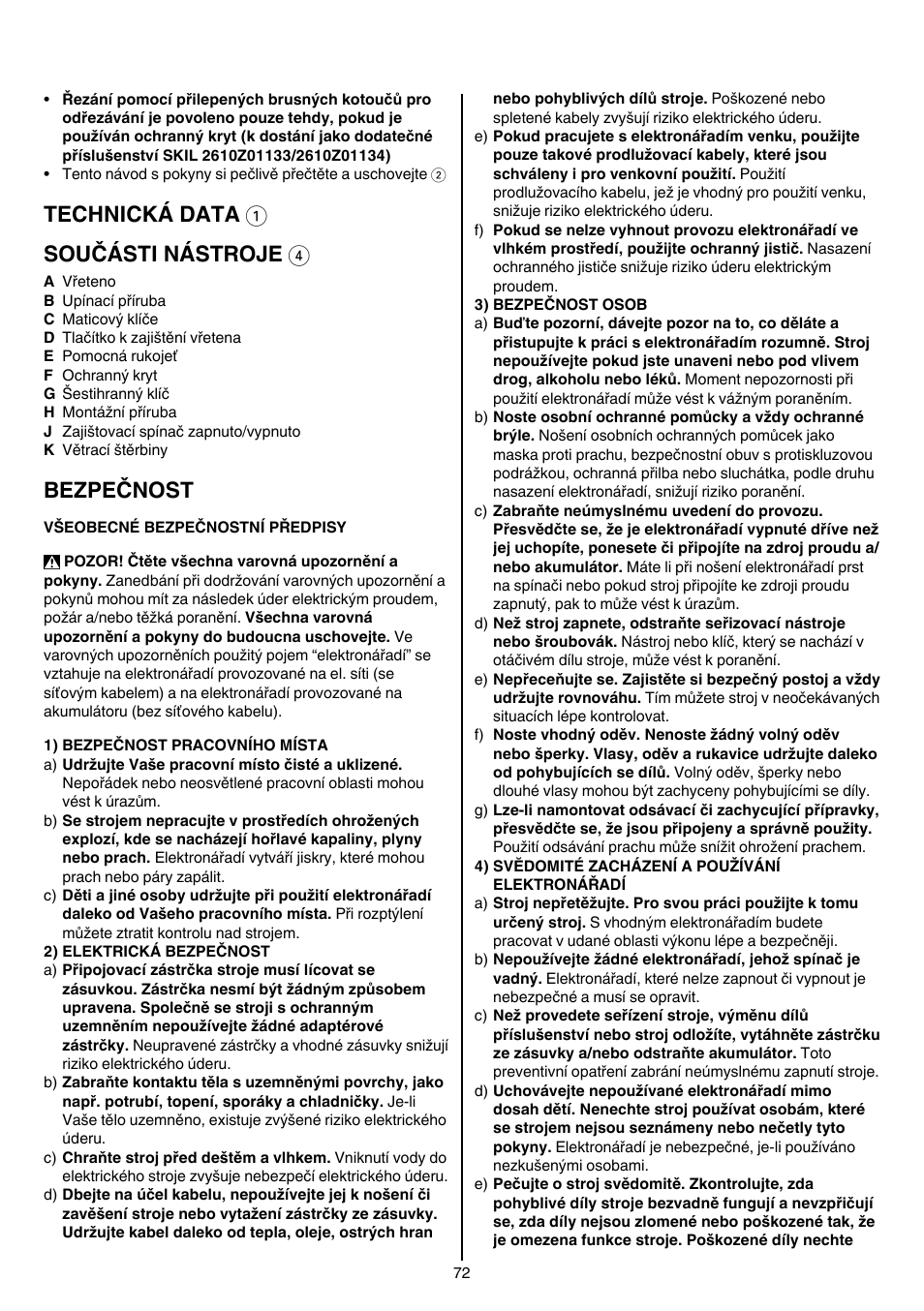 Technická data 1 součásti nástroje 4, Bezpečnost | Skil 9030 AA User Manual | Page 72 / 180