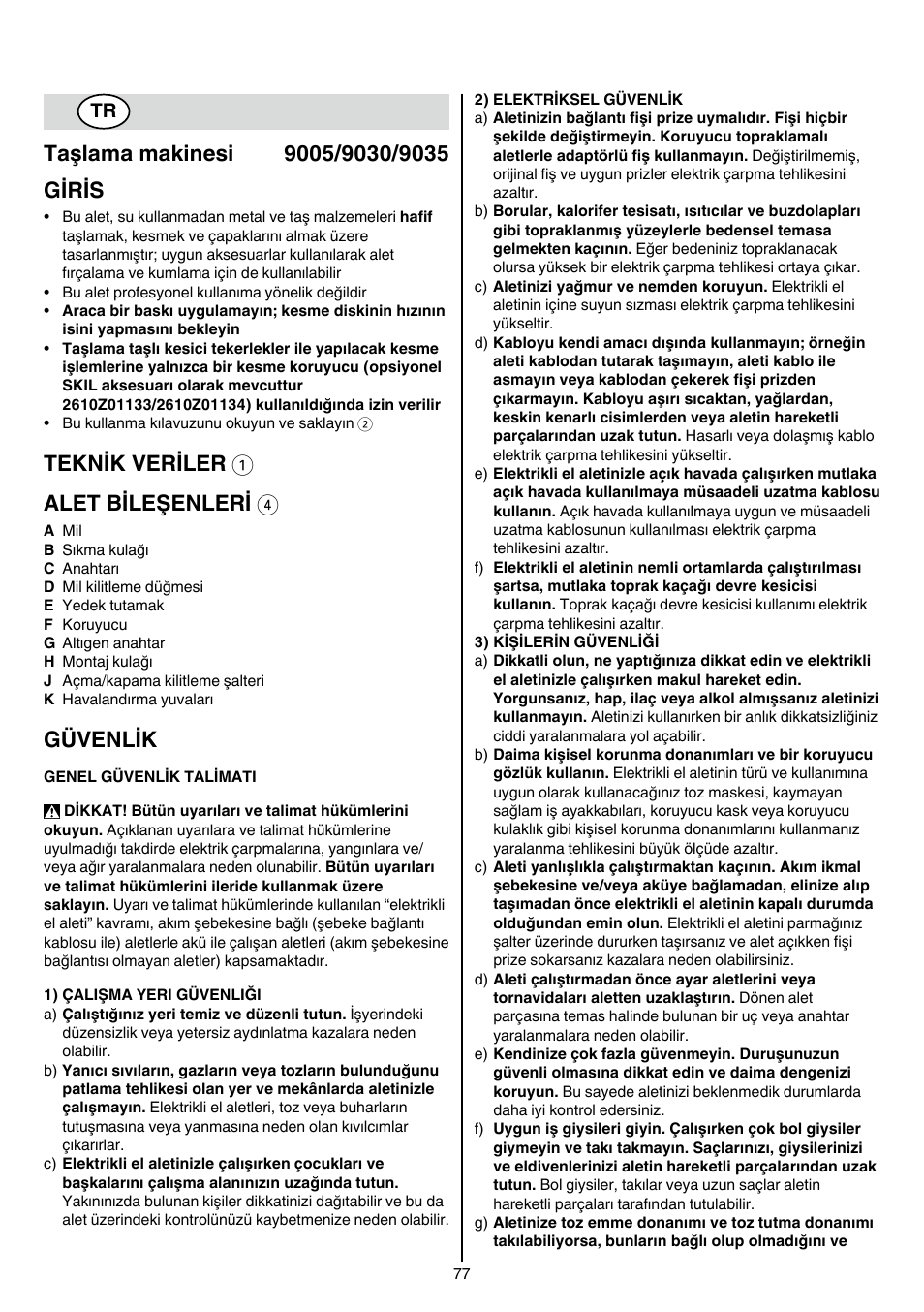 Teknik veriler 1 alet bileşenleri 4, Güvenlik | Skil 9030 AA User Manual | Page 77 / 180