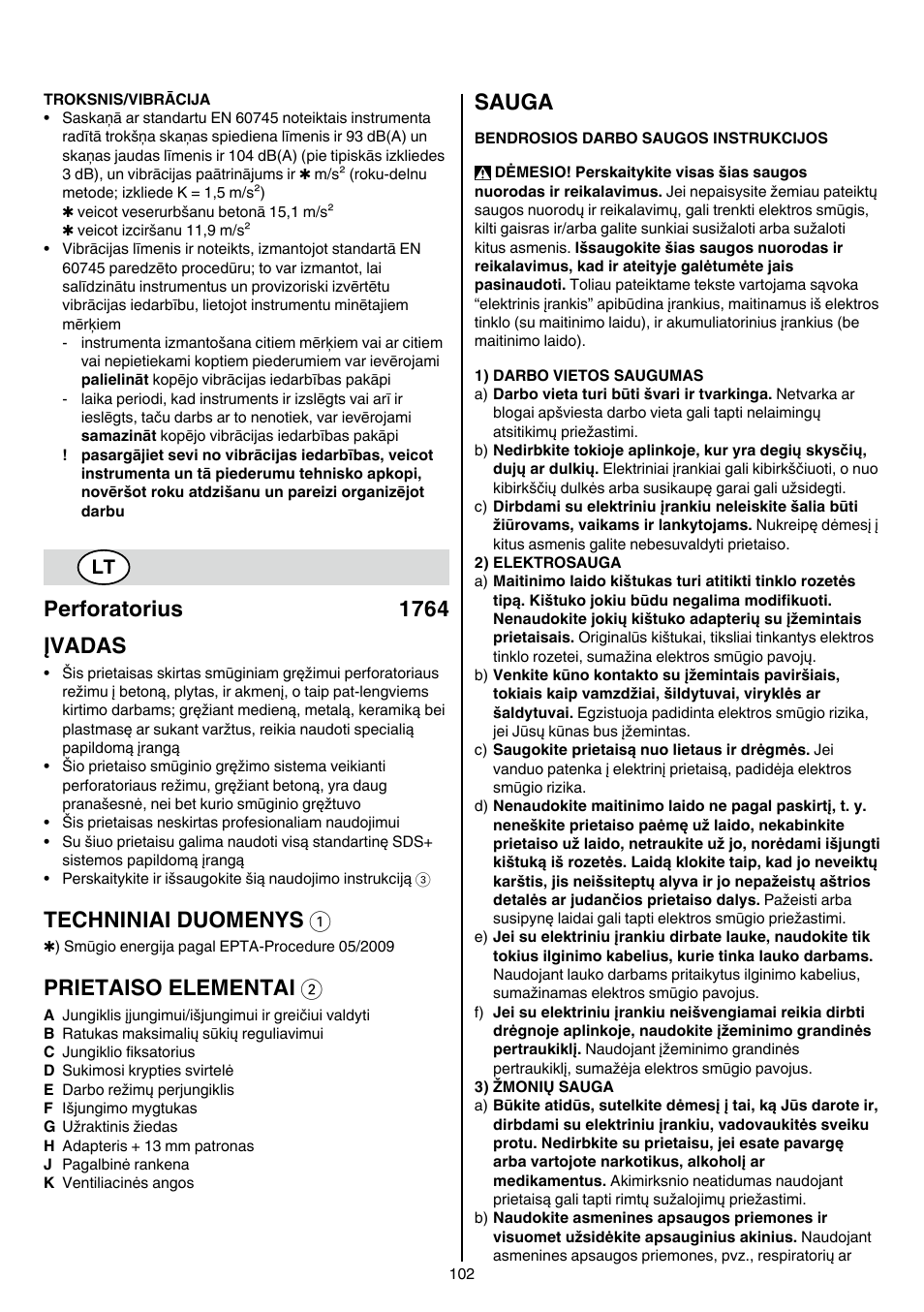 Perforatorius 1764 įvadas, Techniniai duomenys 1, Prietaiso elementai 2 | Sauga | Skil 1764 AK User Manual | Page 102 / 128