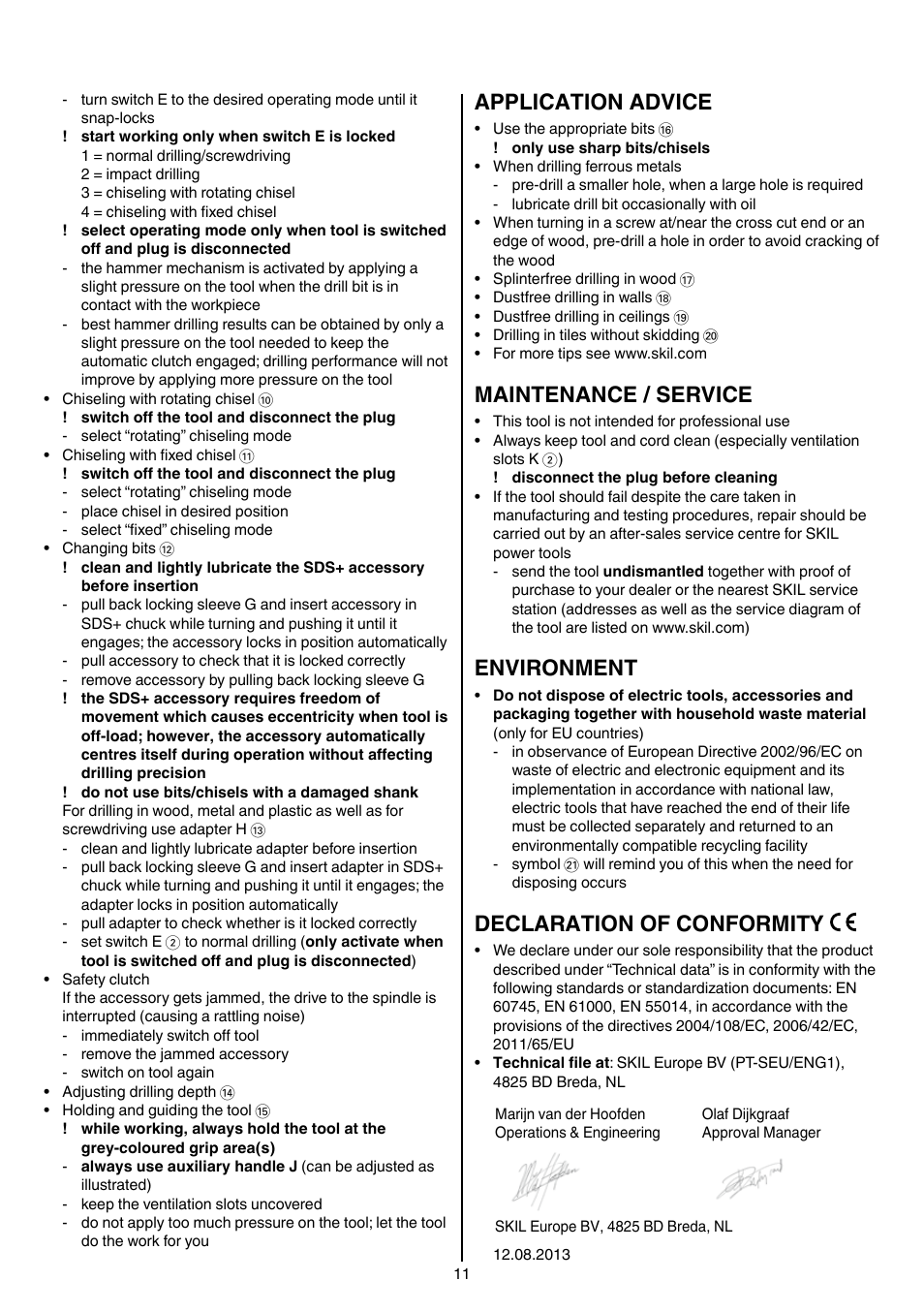 Application advice, Maintenance / service, Environment | Declaration of conformity | Skil 1764 AK User Manual | Page 11 / 128