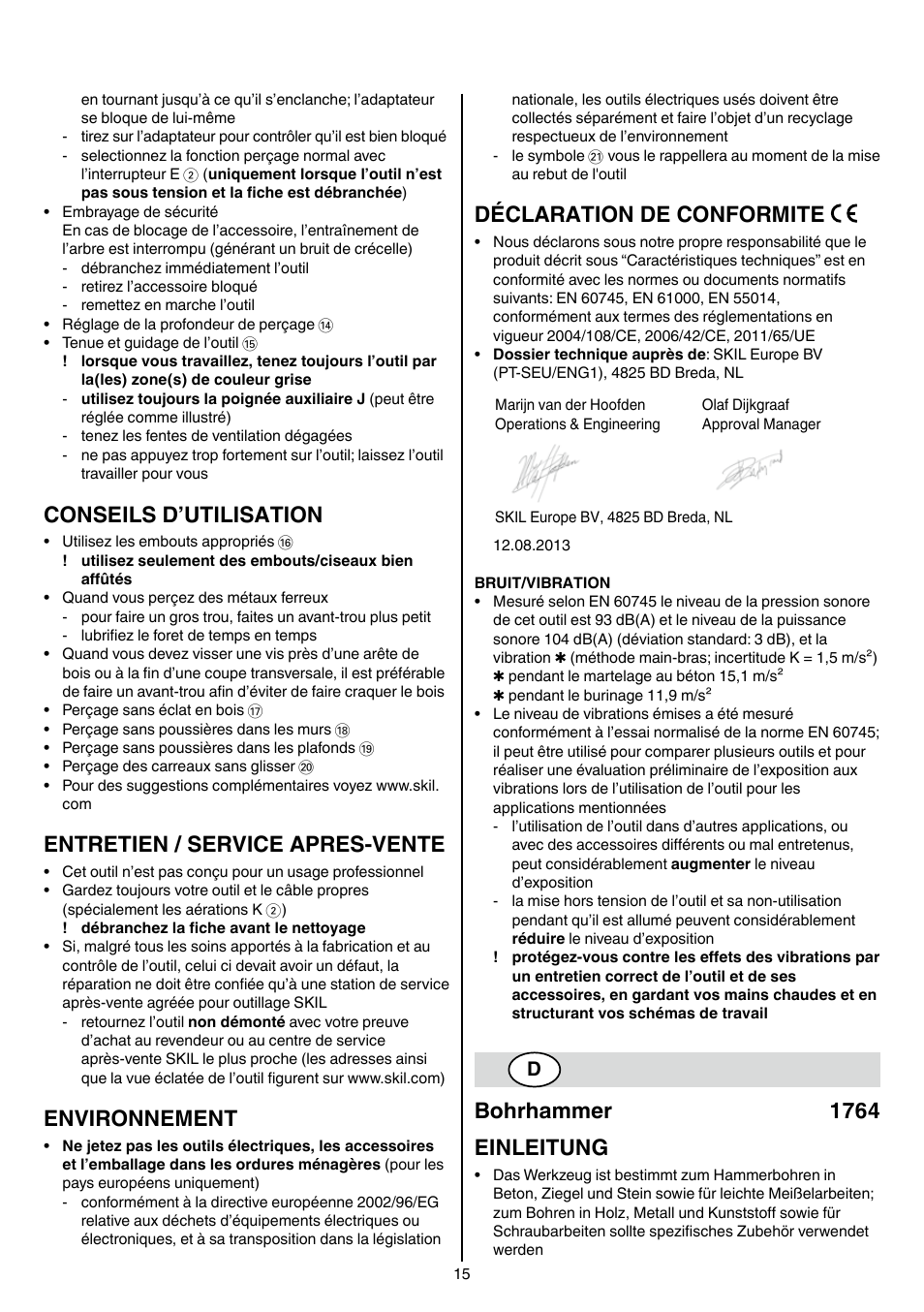Conseils d’utilisation, Entretien / service apres-vente, Environnement | Déclaration de conformite, Bohrhammer 1764 einleitung | Skil 1764 AK User Manual | Page 15 / 128