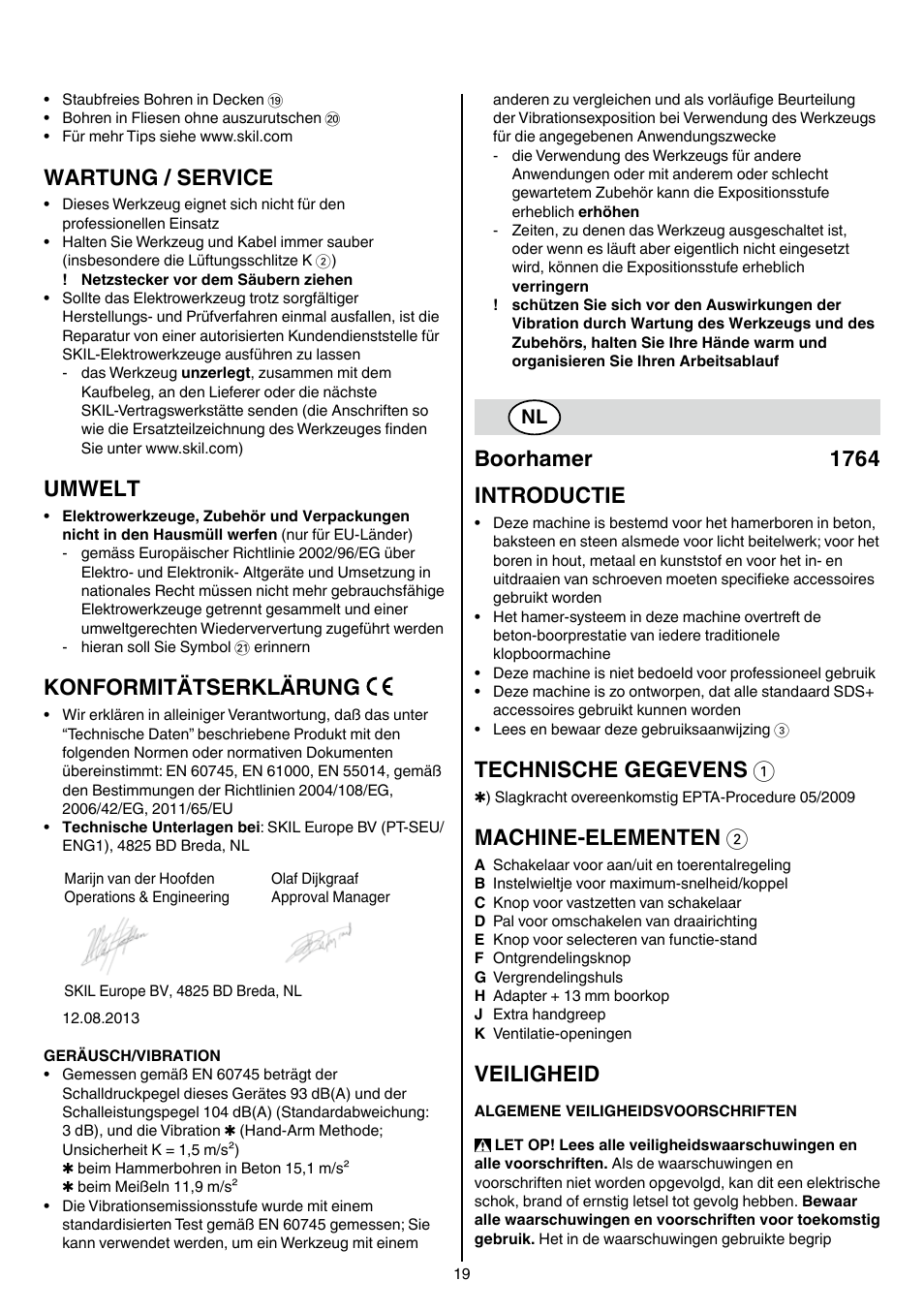 Wartung / service, Umwelt, Konformitätserklärung | Boorhamer 1764 introductie, Technische gegevens 1, Machine-elementen 2, Veiligheid | Skil 1764 AK User Manual | Page 19 / 128
