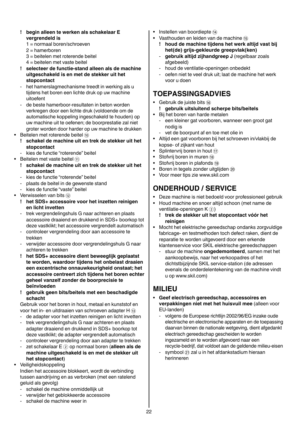 Toepassingsadvies, Onderhoud / service, Milieu | Skil 1764 AK User Manual | Page 22 / 128