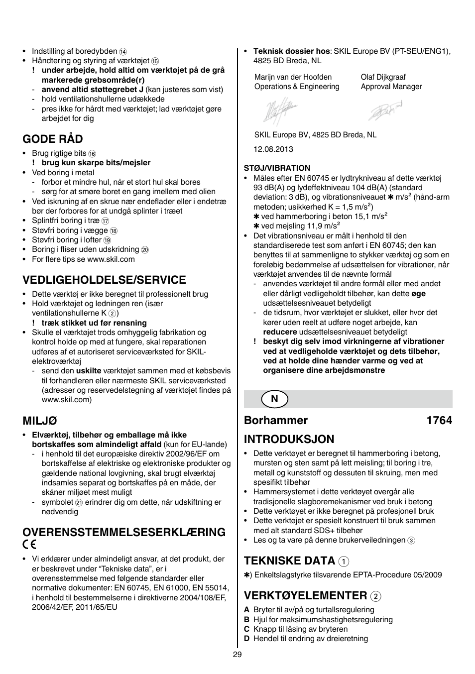 Gode råd, Vedligeholdelse/service, Miljø | Overensstemmelseserklæring, Borhammer 1764 introduksjon, Tekniske data 1, Verktøyelementer 2 | Skil 1764 AK User Manual | Page 29 / 128