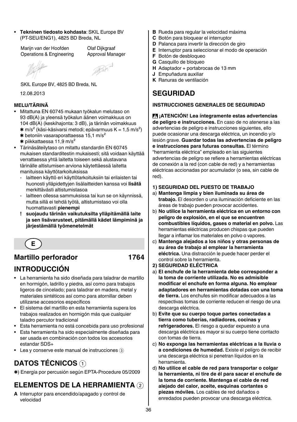 Martillo perforador 1764 introducción, Datos técnicos 1, Elementos de la herramienta 2 | Seguridad | Skil 1764 AK User Manual | Page 36 / 128