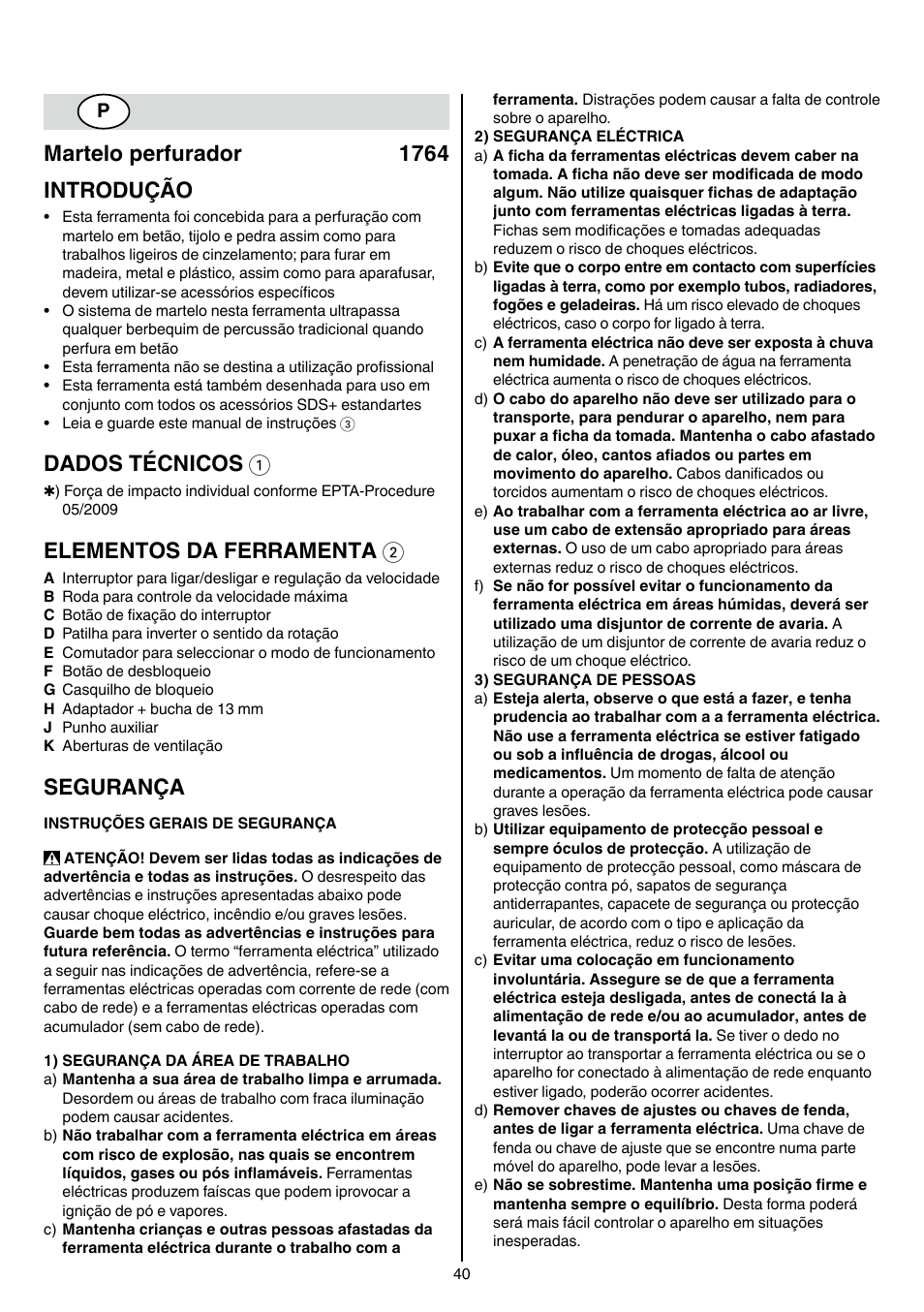 Martelo perfurador 1764 introdução, Dados técnicos 1, Elementos da ferramenta 2 | Segurança | Skil 1764 AK User Manual | Page 40 / 128