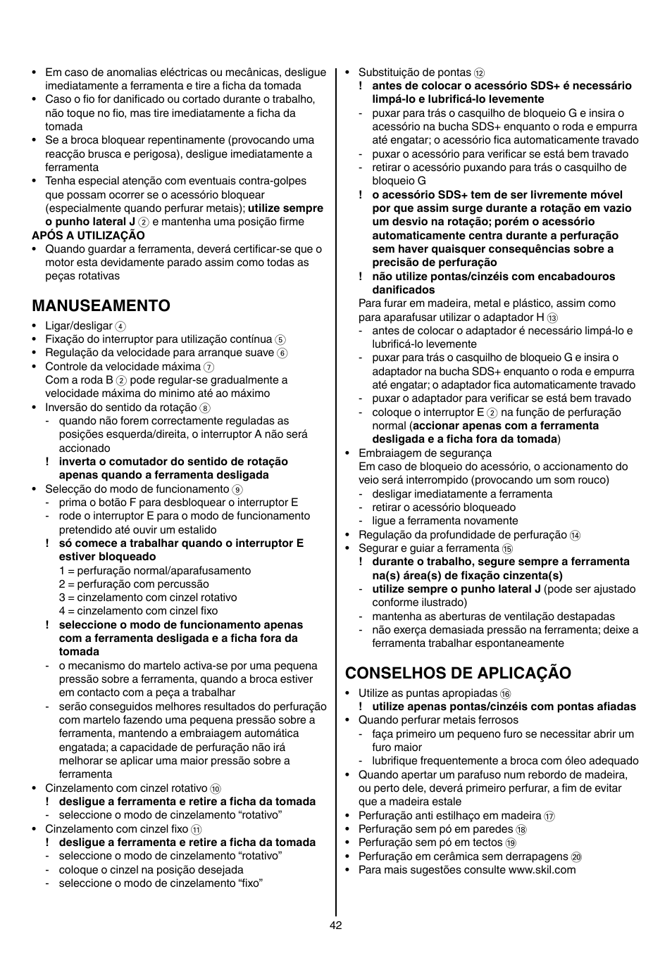 Manuseamento, Conselhos de aplicação | Skil 1764 AK User Manual | Page 42 / 128