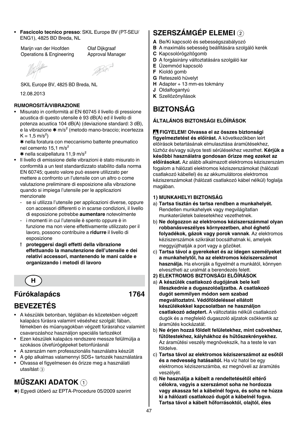 Fúrókalapács 1764 bevezetés, Műszaki adatok 1, Szerszámgép elemei 2 | Biztonság | Skil 1764 AK User Manual | Page 47 / 128