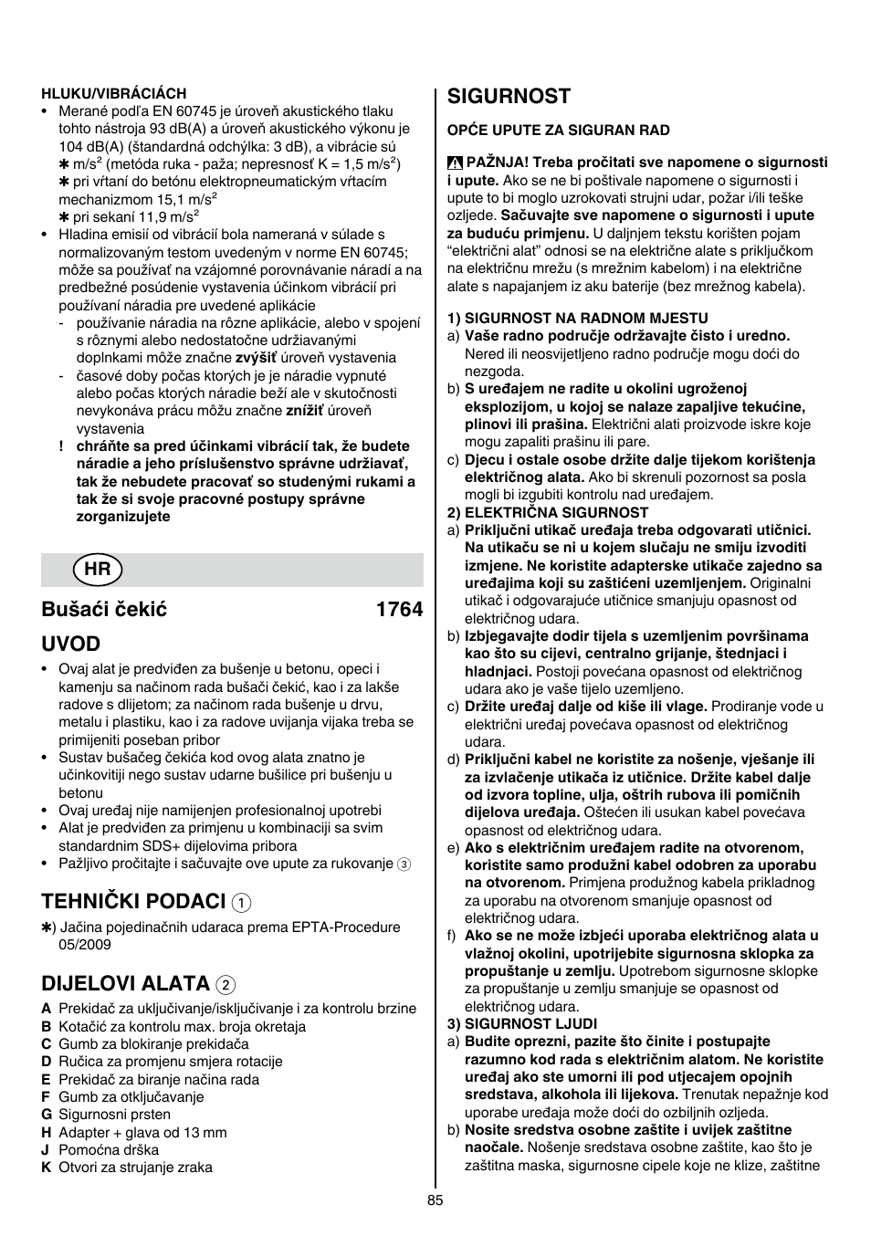 Bušaći čekić 1764 uvod, Tehnički podaci 1, Dijelovi alata 2 | Sigurnost | Skil 1764 AK User Manual | Page 85 / 128