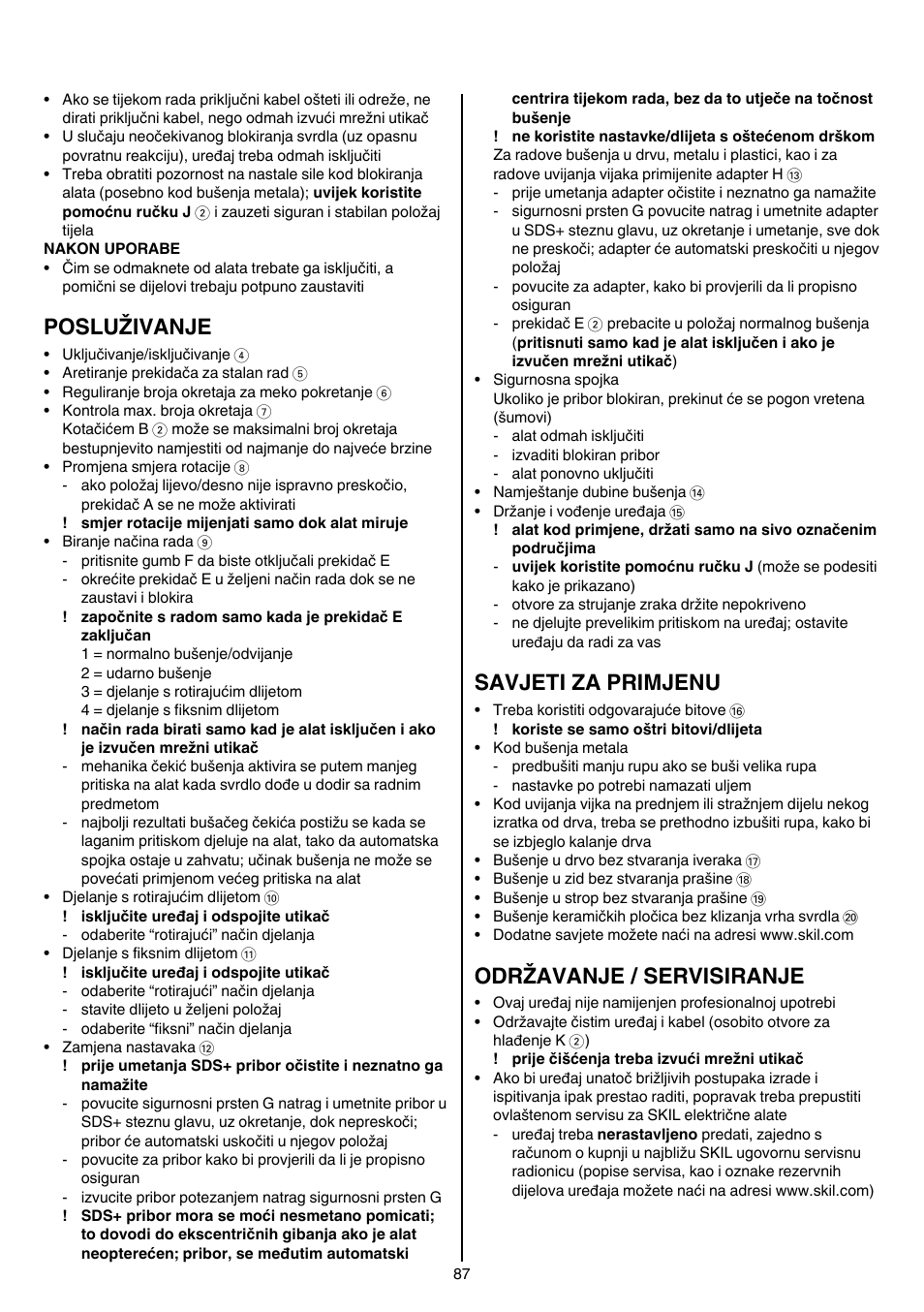 Posluživanje, Savjeti za primjenu, Održavanje / servisiranje | Skil 1764 AK User Manual | Page 87 / 128