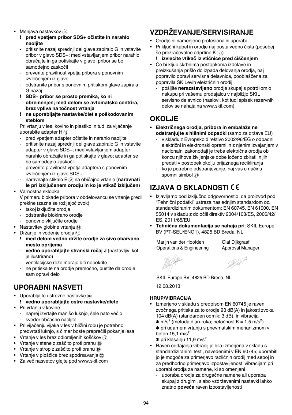 Uporabni nasveti, Vzdrževanje/servisiranje, Okolje | Izjava o skladnosti | Skil 1764 AK User Manual | Page 94 / 128