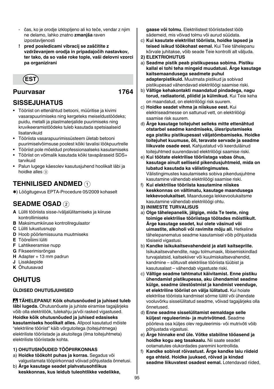 Puurvasar 1764 sissejuhatus, Tehnilised andmed 1, Seadme osad 2 | Ohutus | Skil 1764 AK User Manual | Page 95 / 128