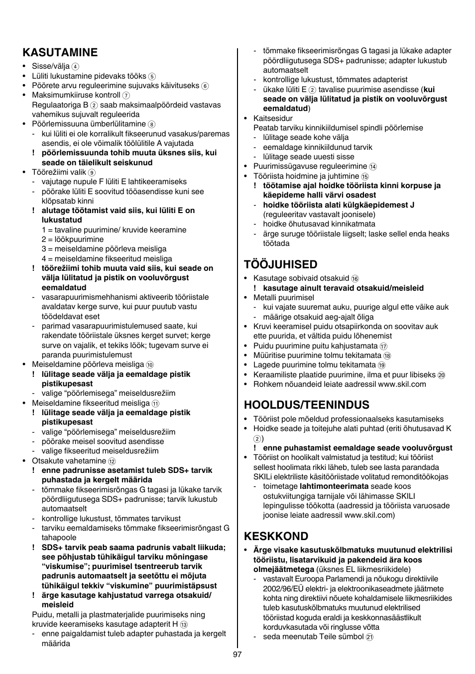 Kasutamine, Tööjuhised, Hooldus/teenindus | Keskkond | Skil 1764 AK User Manual | Page 97 / 128
