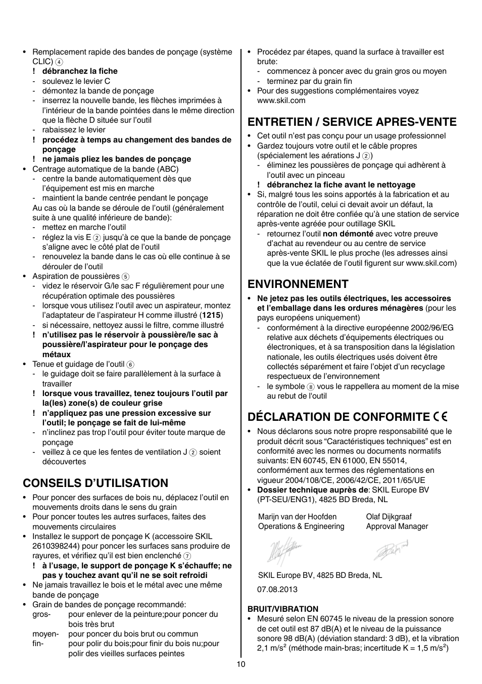 Conseils d’utilisation, Entretien / service apres-vente, Environnement | Déclaration de conformite | Skil 1210 AA User Manual | Page 10 / 108