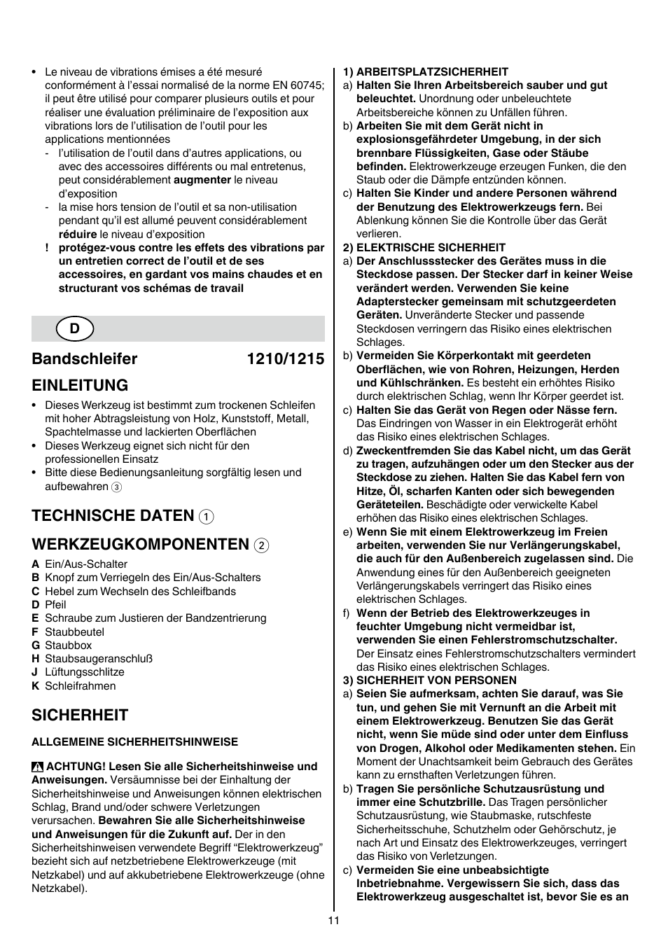 Technische daten 1 werkzeugkomponenten 2, Sicherheit | Skil 1210 AA User Manual | Page 11 / 108