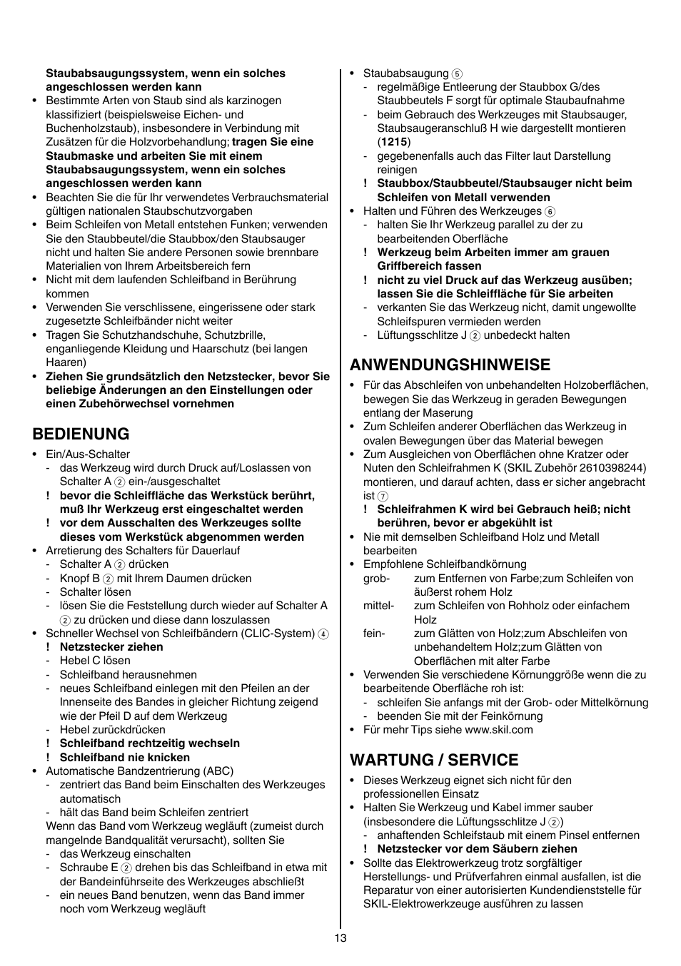 Bedienung, Anwendungshinweise, Wartung / service | Skil 1210 AA User Manual | Page 13 / 108