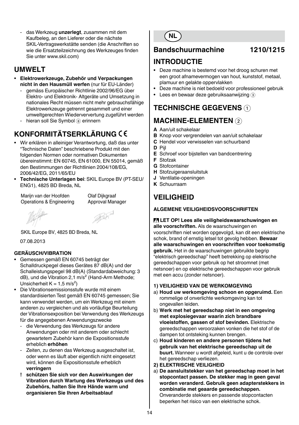 Umwelt, Konformitätserklärung, Technische gegevens 1 machine-elementen 2 | Veiligheid | Skil 1210 AA User Manual | Page 14 / 108