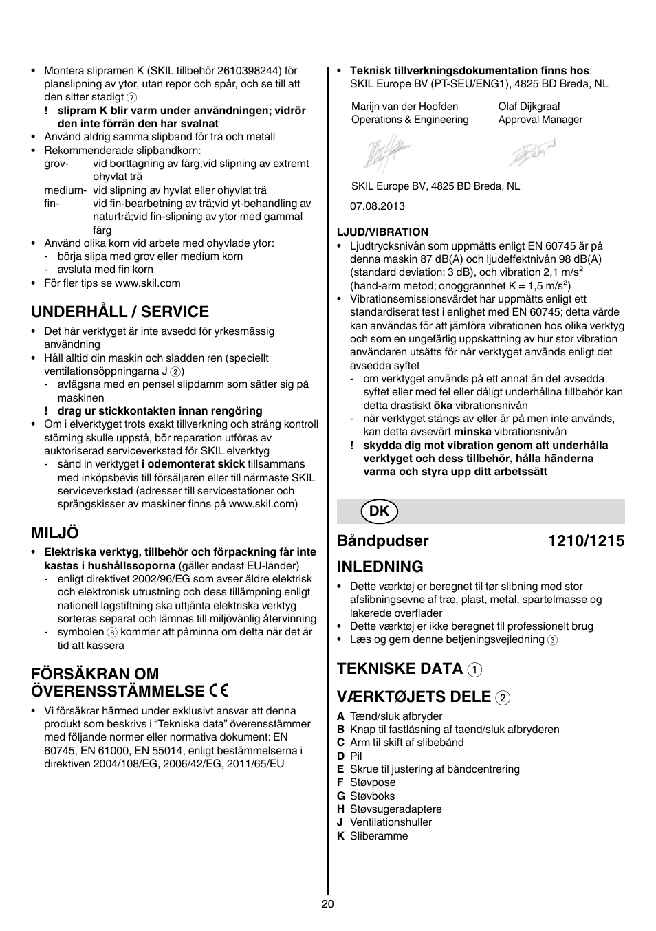 Underhåll / service, Miljö, Försäkran om överensstämmelse | Tekniske data 1 værktøjets dele 2 | Skil 1210 AA User Manual | Page 20 / 108
