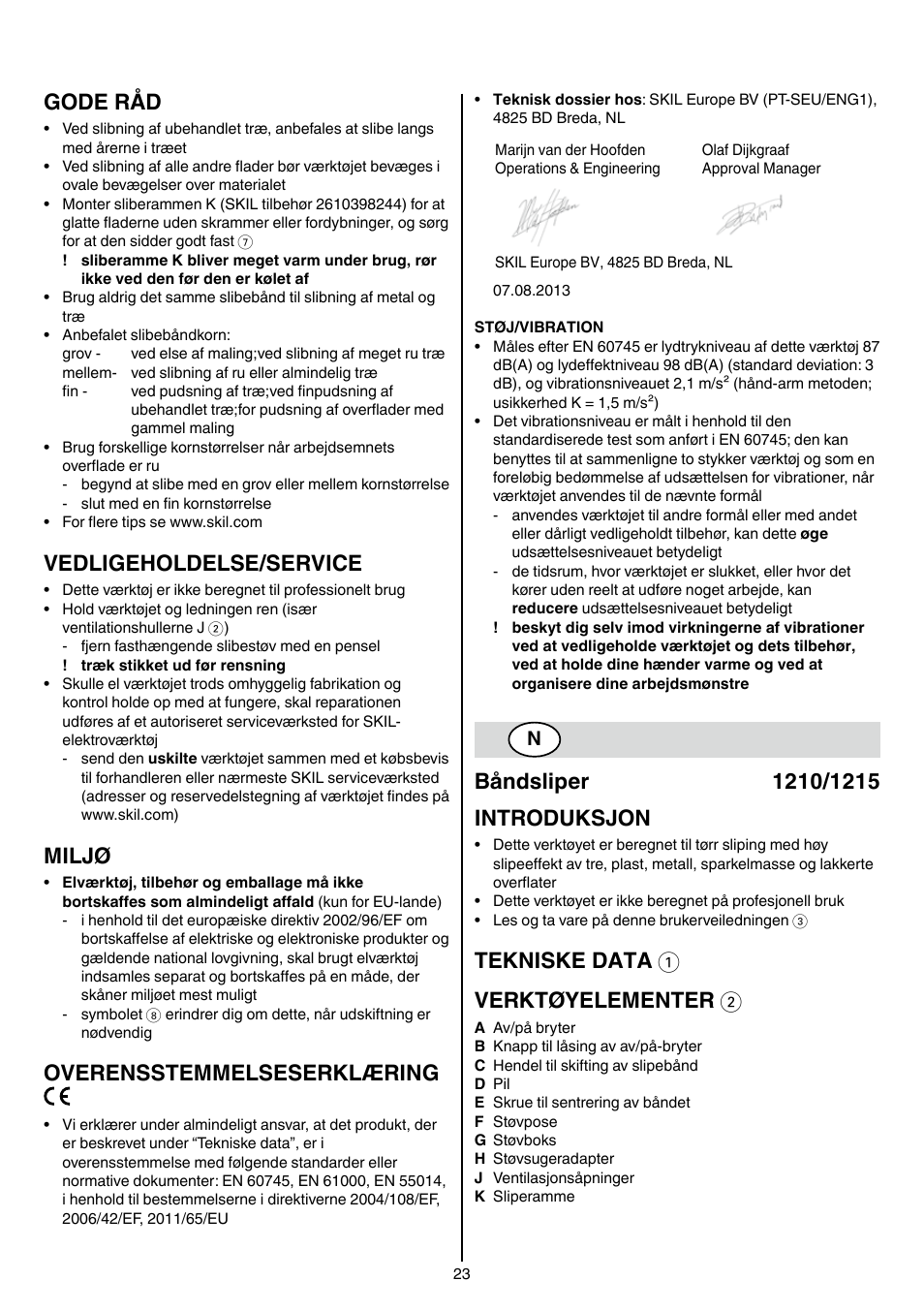 Gode råd, Vedligeholdelse/service, Miljø | Overensstemmelseserklæring, Tekniske data 1 verktøyelementer 2 | Skil 1210 AA User Manual | Page 23 / 108