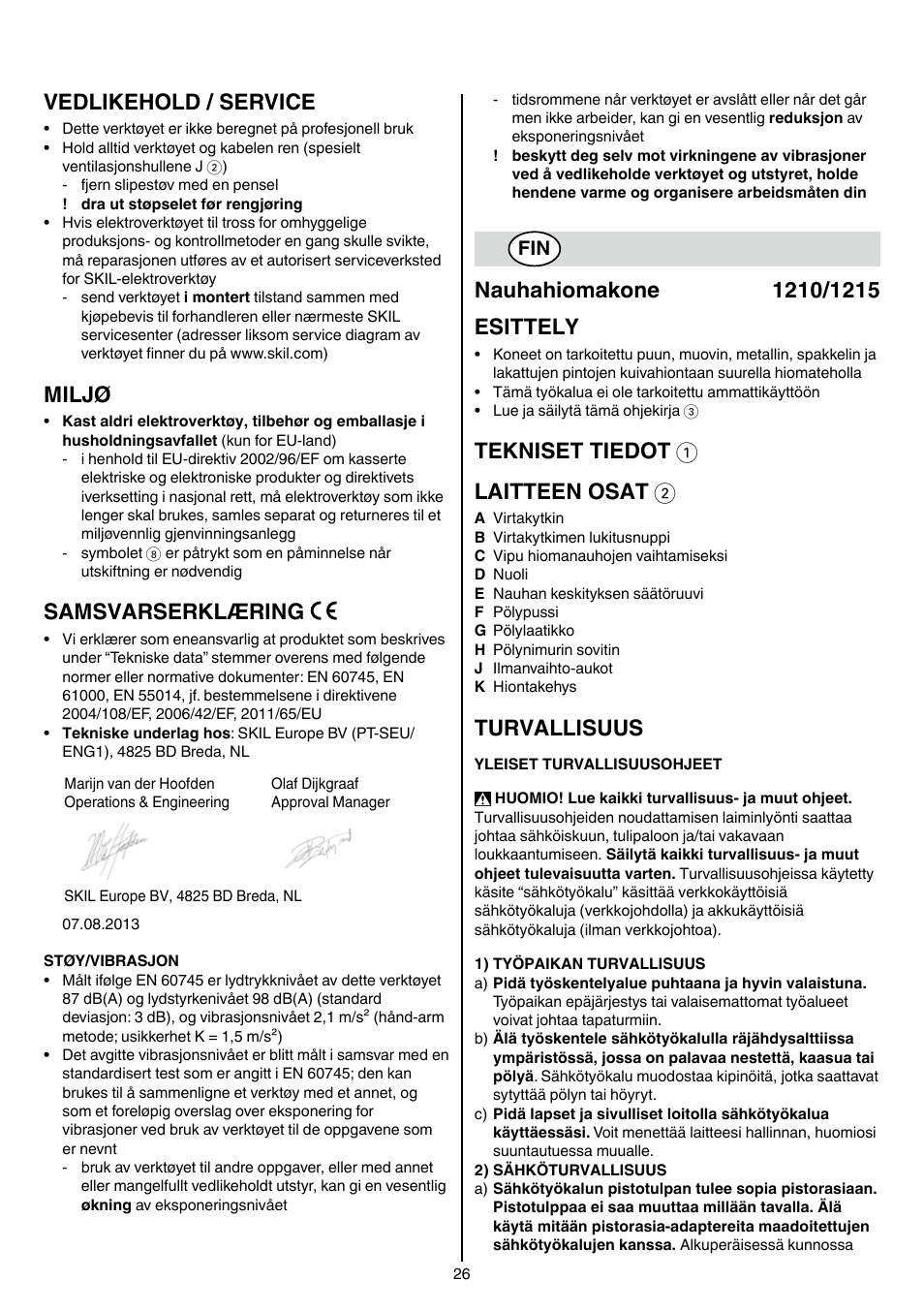 Vedlikehold / service, Miljø, Samsvarserklæring | Tekniset tiedot 1 laitteen osat 2, Turvallisuus | Skil 1210 AA User Manual | Page 26 / 108