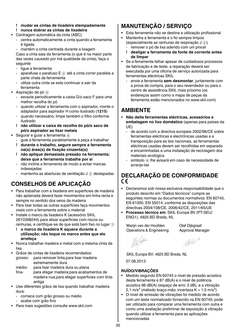 Conselhos de aplicação, Manutenção / serviço, Ambiente | Declaração de conformidade | Skil 1210 AA User Manual | Page 35 / 108