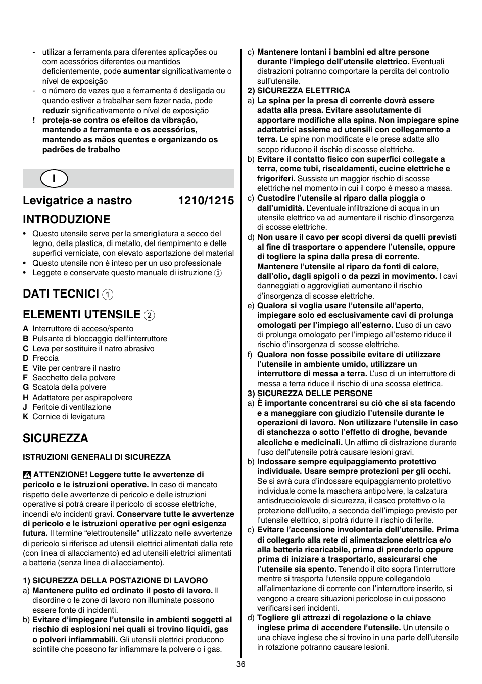 Dati tecnici 1 elementi utensile 2, Sicurezza | Skil 1210 AA User Manual | Page 36 / 108