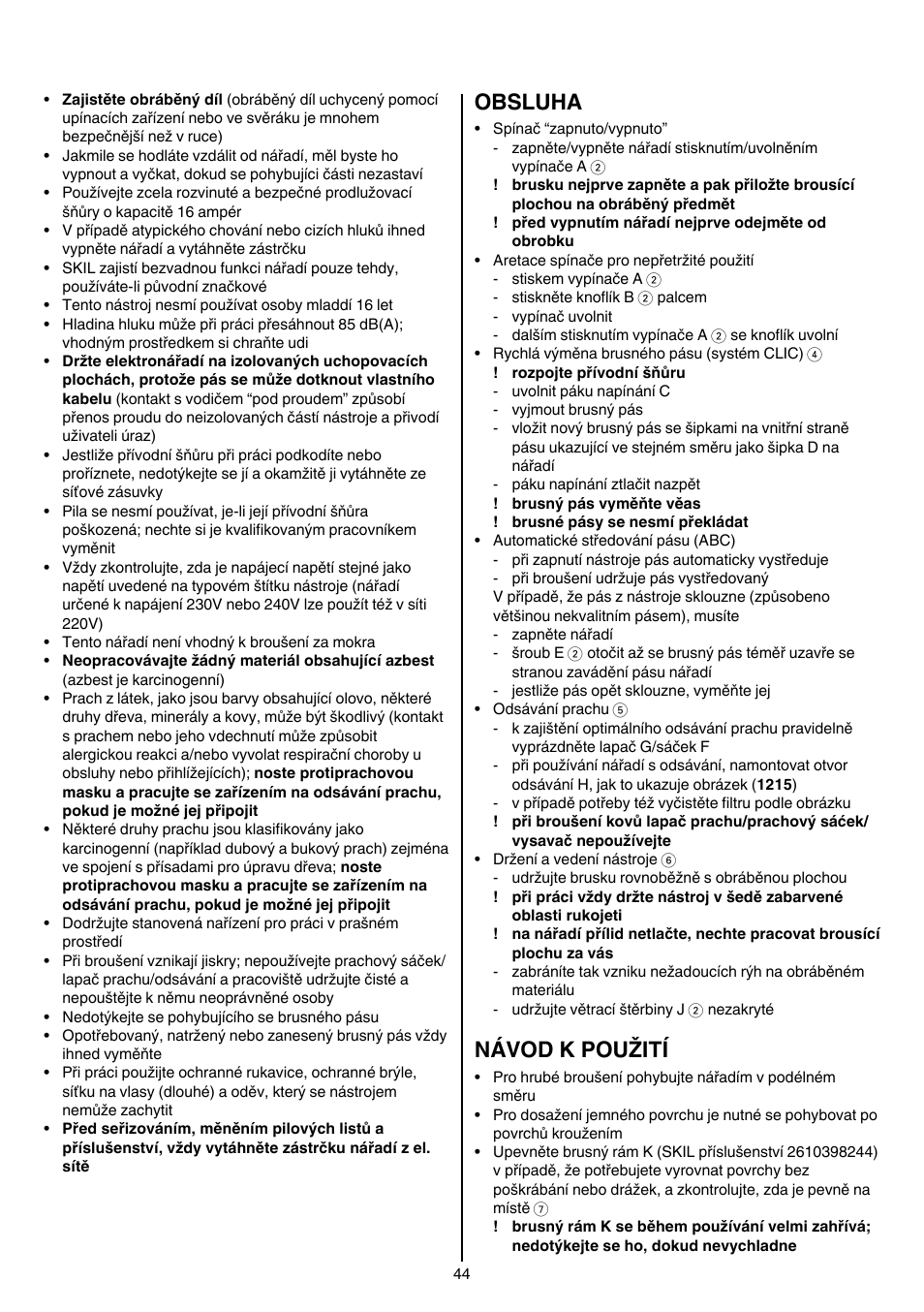Obsluha, Návod k použití | Skil 1210 AA User Manual | Page 44 / 108