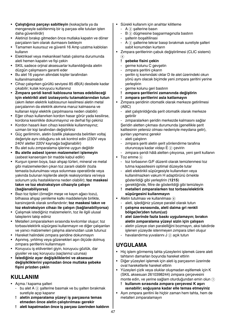 Kullanim, Uygulama | Skil 1210 AA User Manual | Page 47 / 108