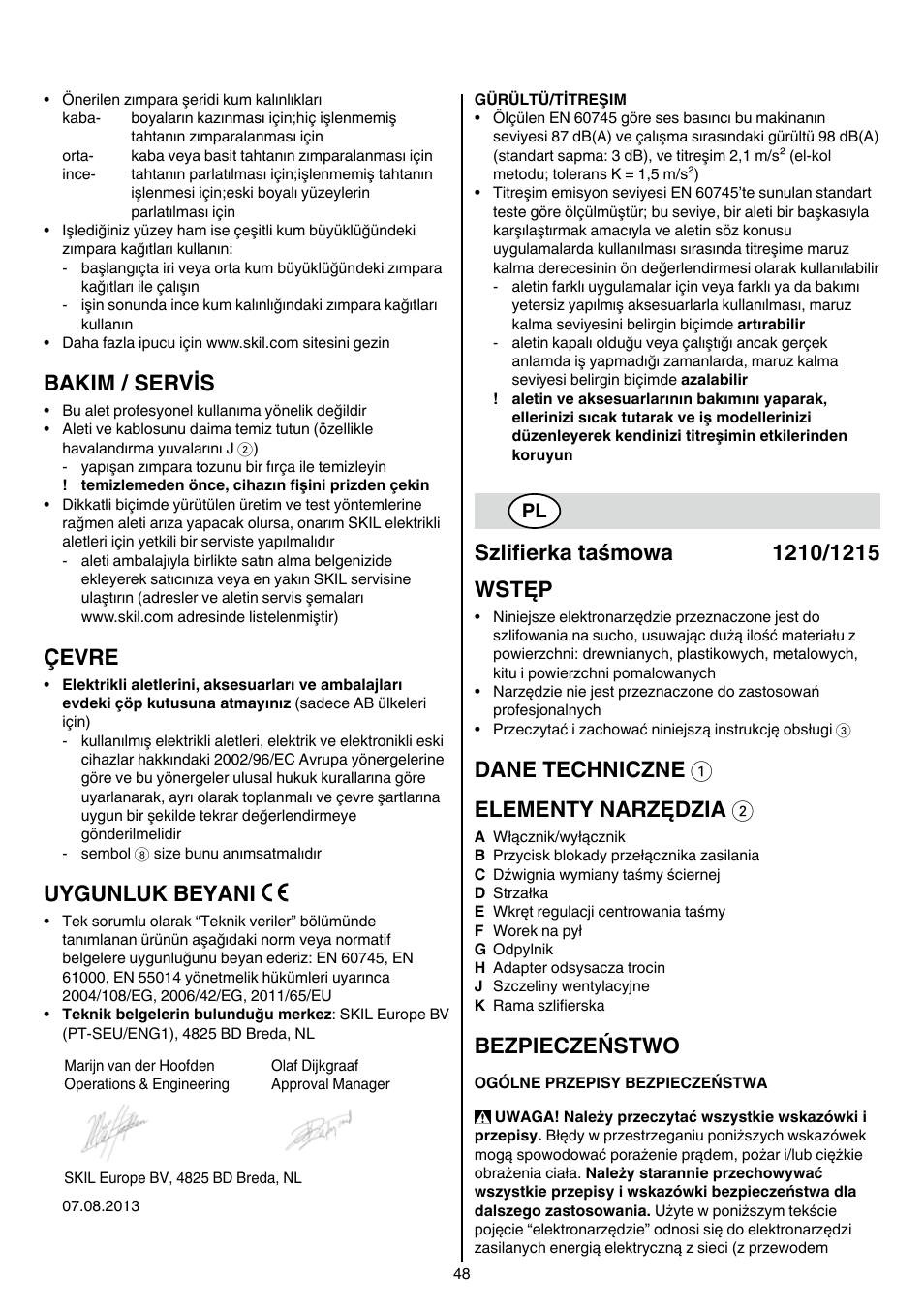Bakim / servis, Çevre, Uygunluk beyani | Dane techniczne 1 elementy narzędzia 2, Bezpieczeństwo | Skil 1210 AA User Manual | Page 48 / 108