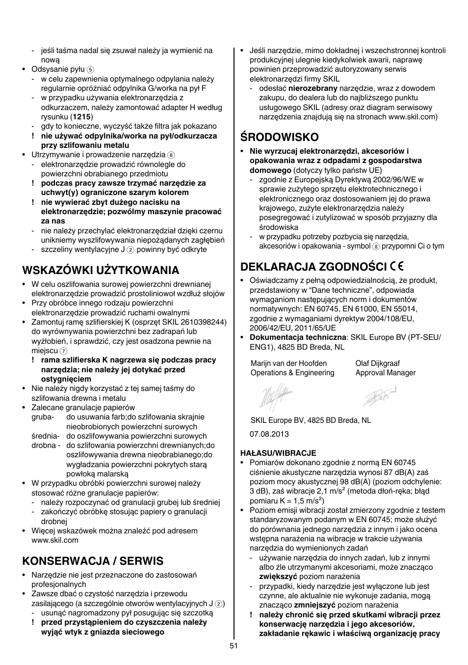 Wskazówki użytkowania, Konserwacja / serwis, Środowisko | Deklaracja zgodności | Skil 1210 AA User Manual | Page 51 / 108