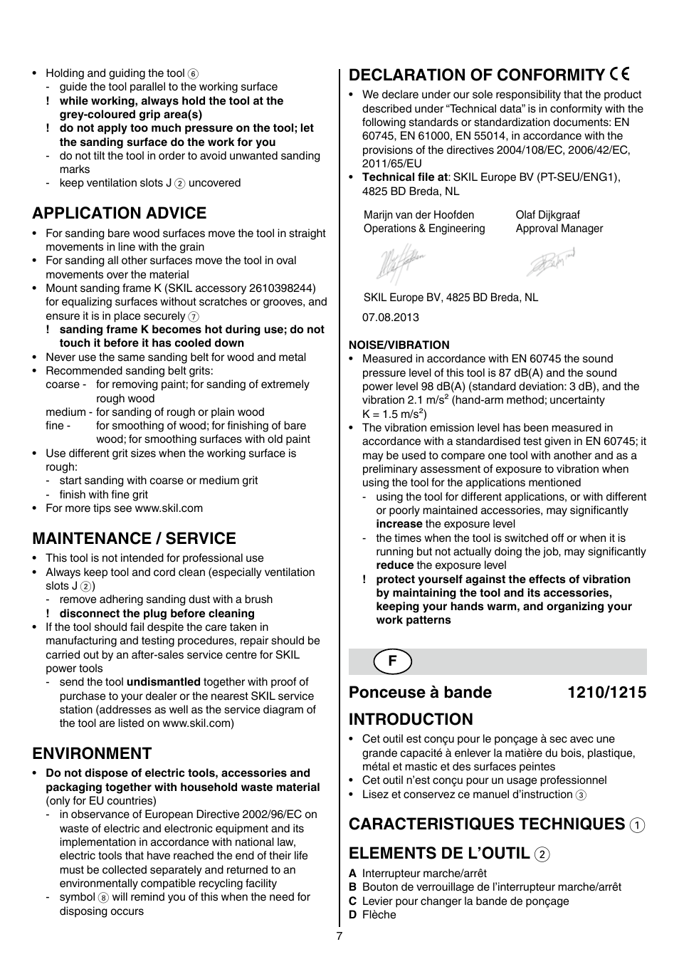 Application advice, Maintenance / service, Environment | Declaration of conformity | Skil 1210 AA User Manual | Page 7 / 108