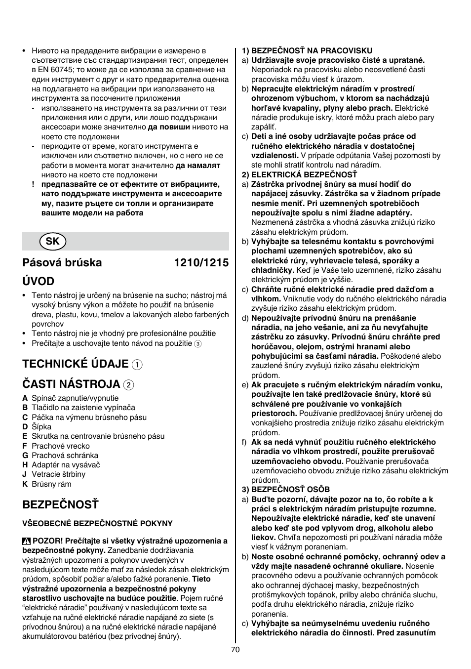 Technické údaje 1 časti nástroja 2, Bezpečnosť | Skil 1210 AA User Manual | Page 70 / 108