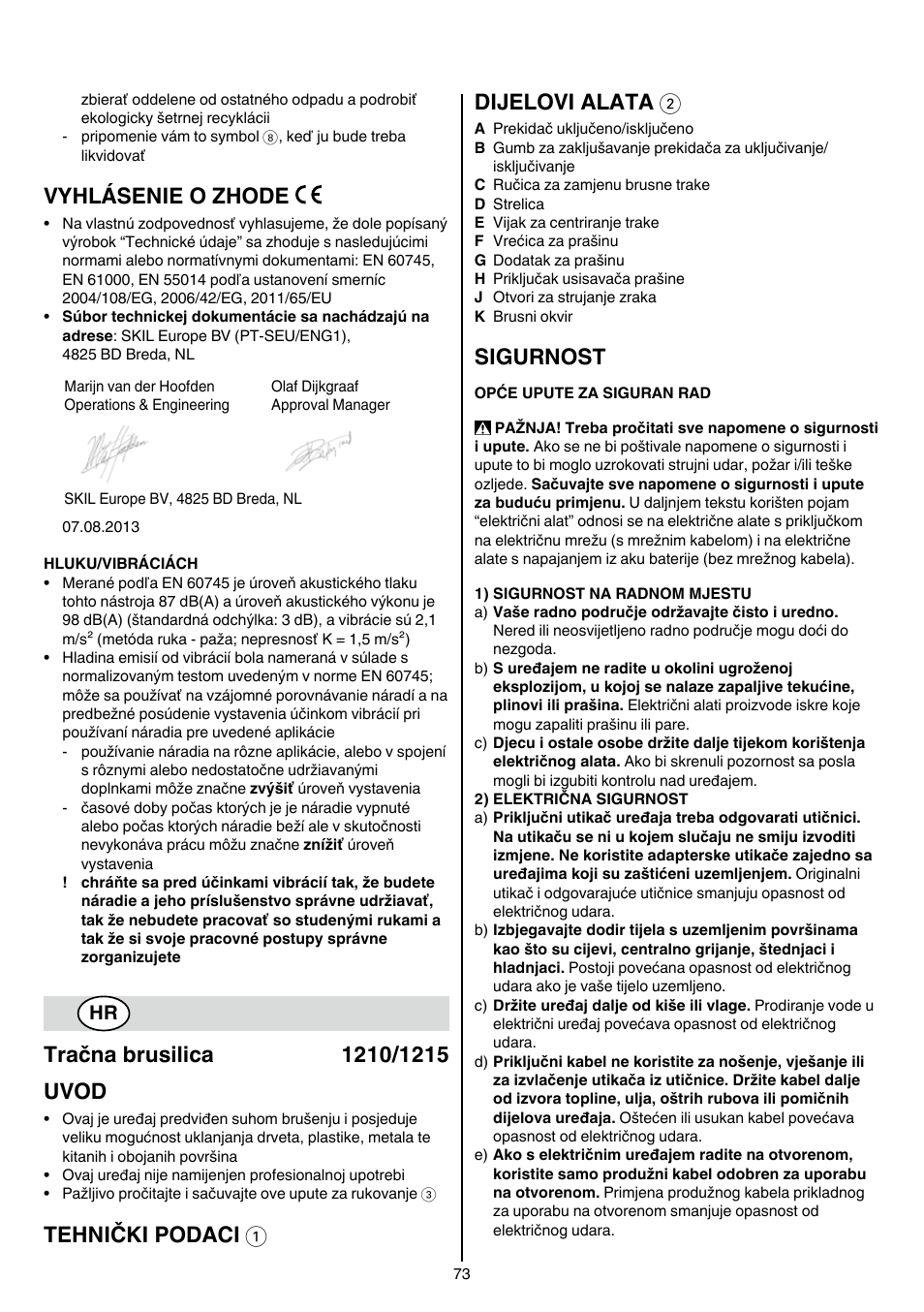 Vyhlásenie o zhode, Tehnički podaci 1 dijelovi alata 2, Sigurnost | Skil 1210 AA User Manual | Page 73 / 108