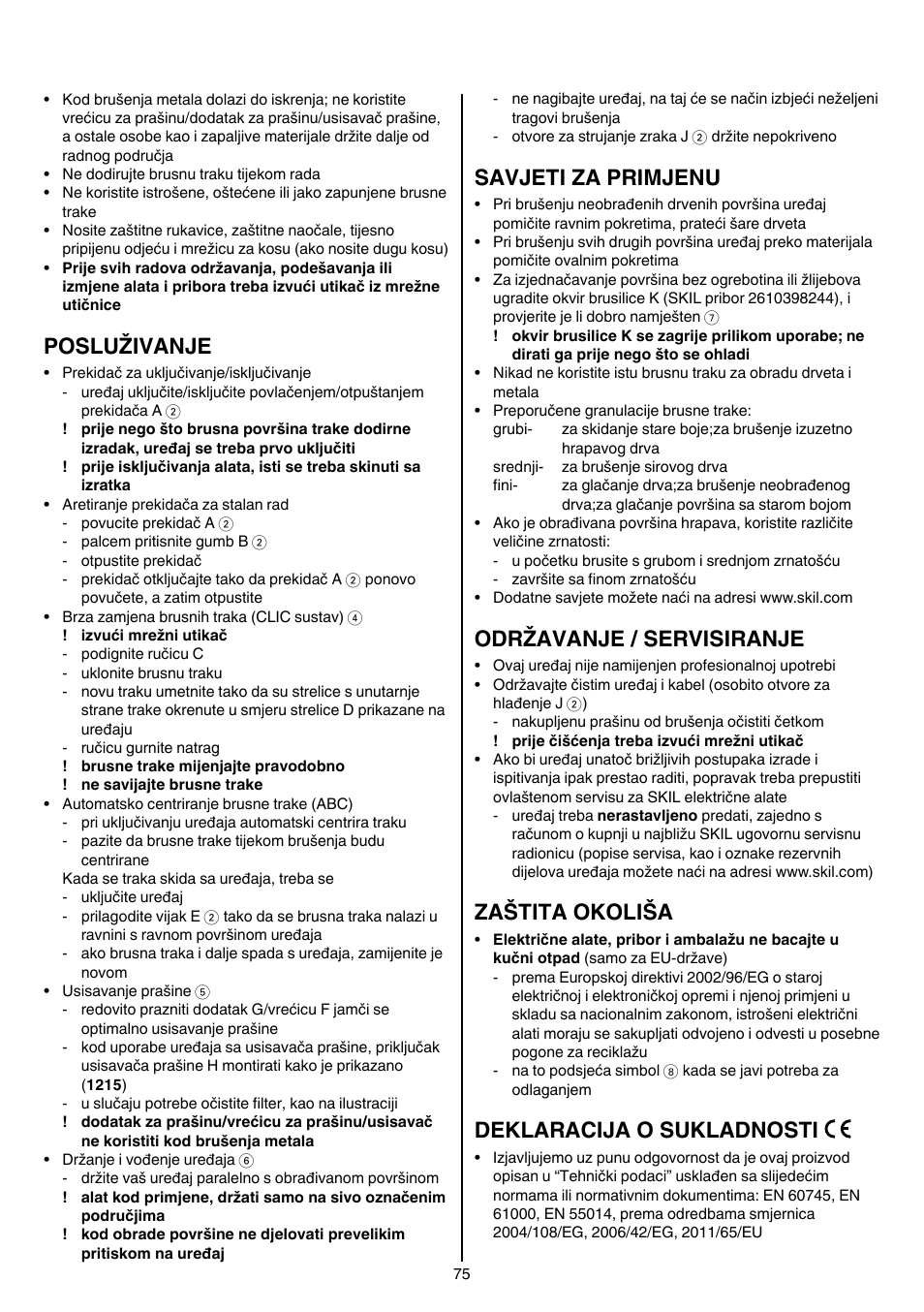 Posluživanje, Savjeti za primjenu, Održavanje / servisiranje | Zaštita okoliša, Deklaracija o sukladnosti | Skil 1210 AA User Manual | Page 75 / 108